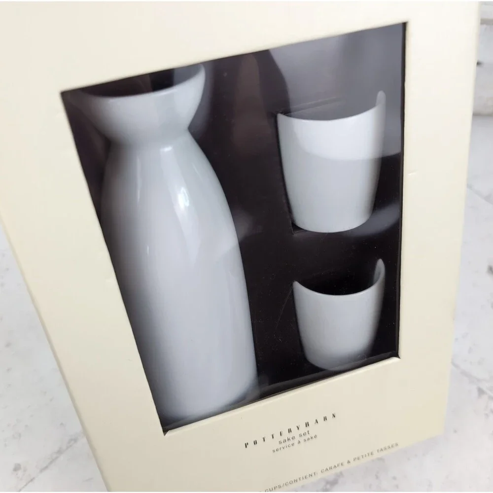 Pottery Barn Sake Set White Ceramic 3 Piece NEW Carafe & Petite Tasses